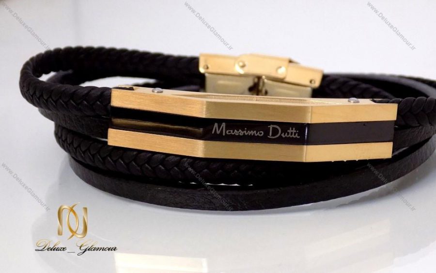 دستبند چرمی massimo dutti چند ردیفه مردانه مشکی-طلایی ds-n145 از روبرو