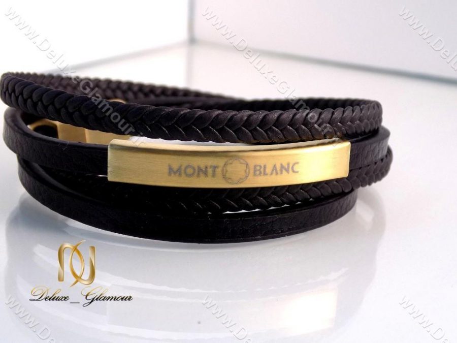 دستبند چرمی چند ردیفه مردانه مشکی-طلایی Mont Blanc کد ds-n144 از روبرو