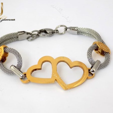 دستبند دخترانه طرح قلب طلایی نقره ای با بدنه استیل Ds-n150 عکس تمام نما از دستبند